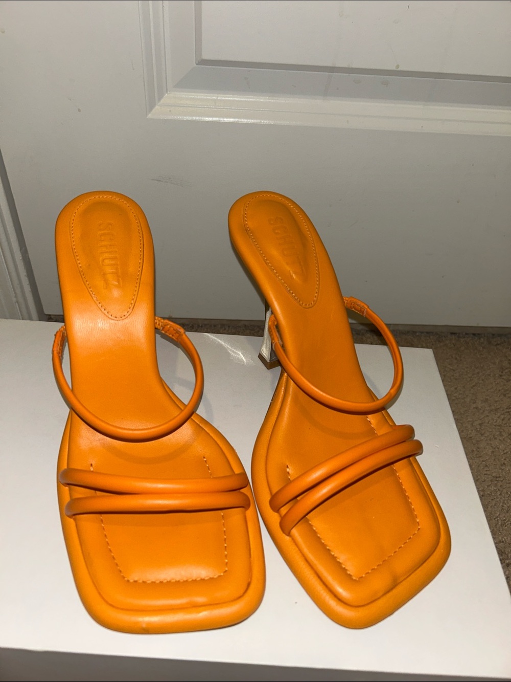 SCHUTZ Orange Double-Strap Square-Toe Heels